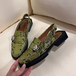 GANNI Embossed Snake Loafer in Olive Drab